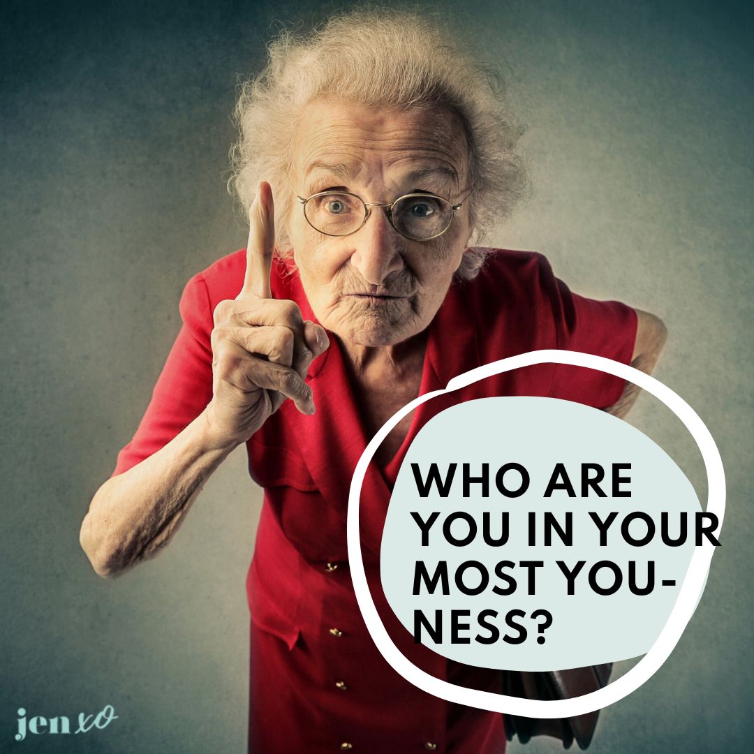 A funny older woman shaking her finger with a blue bubble and the words Who Are You In Your Most You-ness?