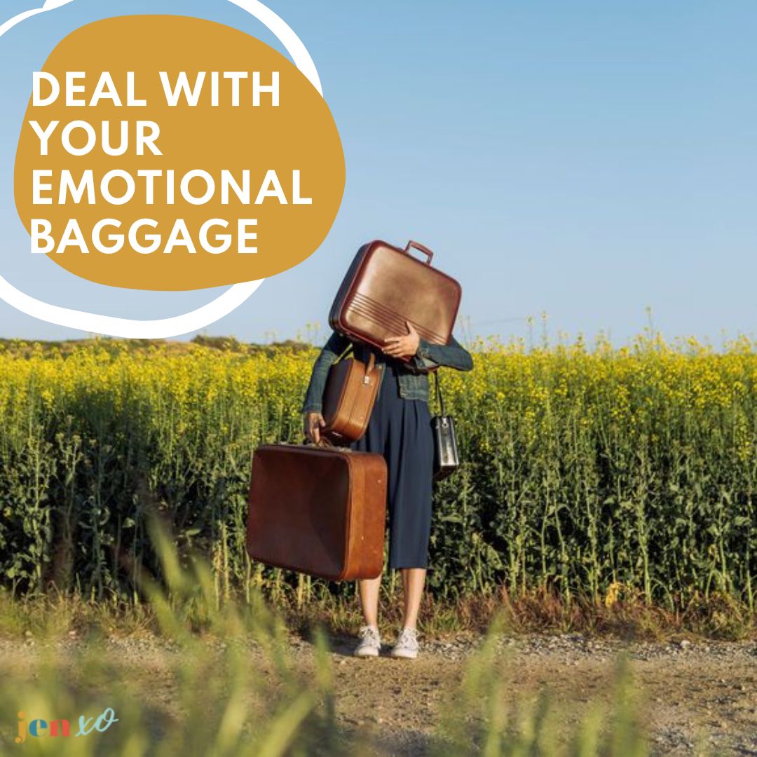 A woman standing in front of a corn field. You can't see her face because she's struggling to carry three suitcases. There's a yellow circle with the words Deal With Your Emotional Baggage