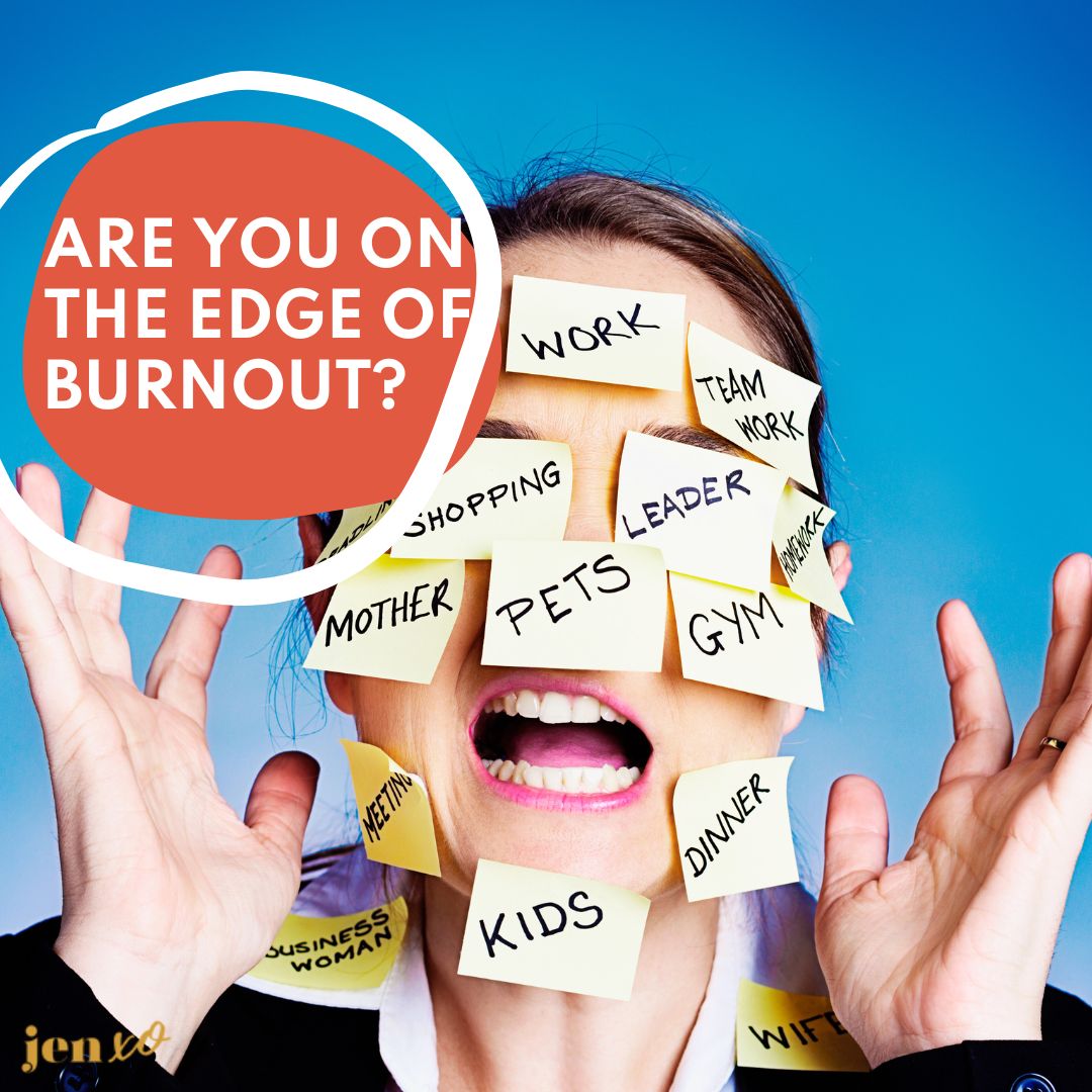 A clearly overwhelmed woman with a bunch of stickies on her face and her hands in the air with an orange circle and the words Are You On the Edge of Burnout?