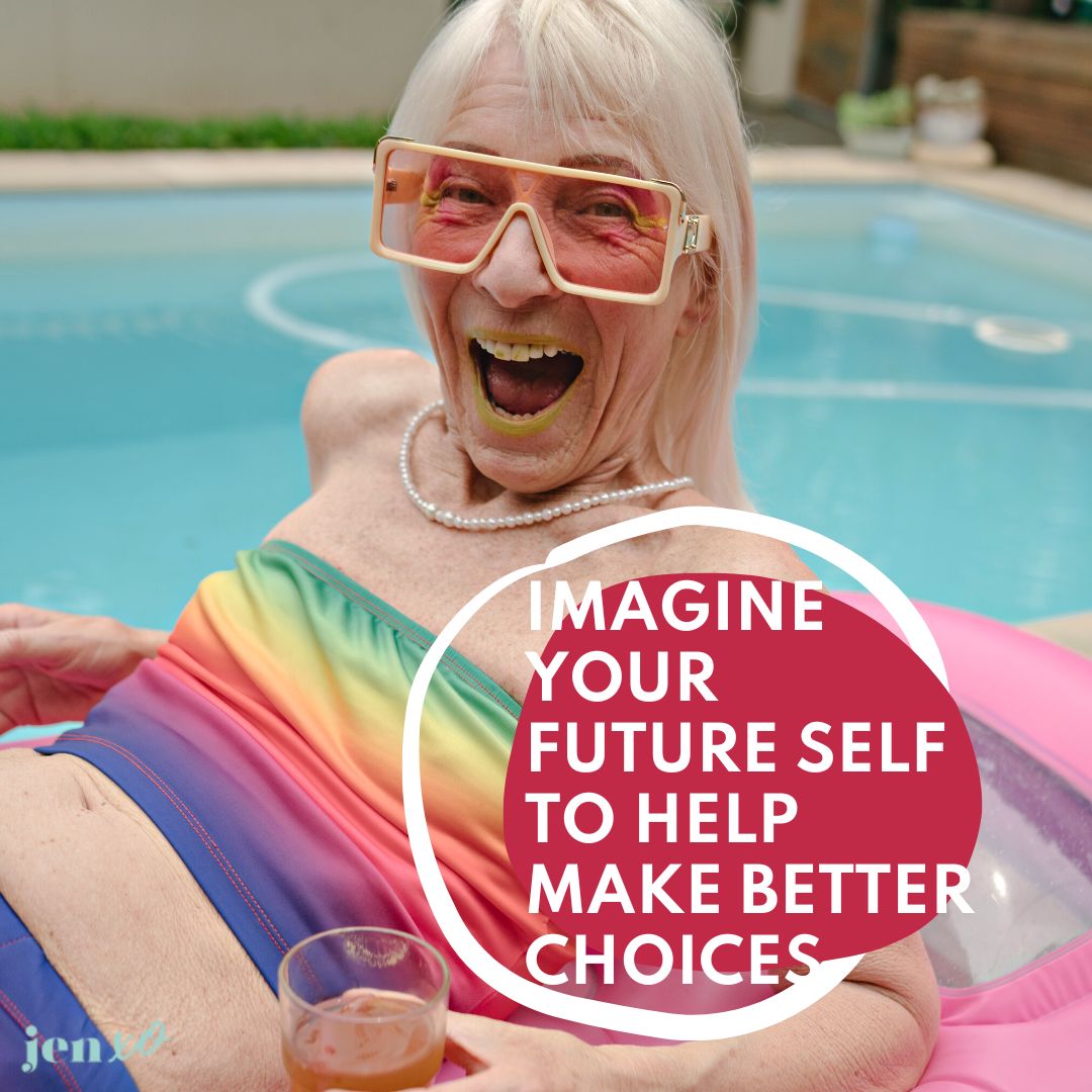A gorgeous older woman in a color swimsuit floating in a pool smiling with a pink circle and the words Imagine Your Future Self To Help Make Better Choices